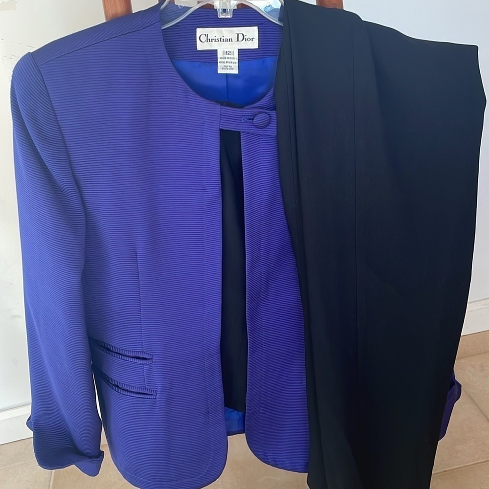 Vintage Christian Dior Suit Pantsuit Women 12 Purple Jacket Blazer Black Pants